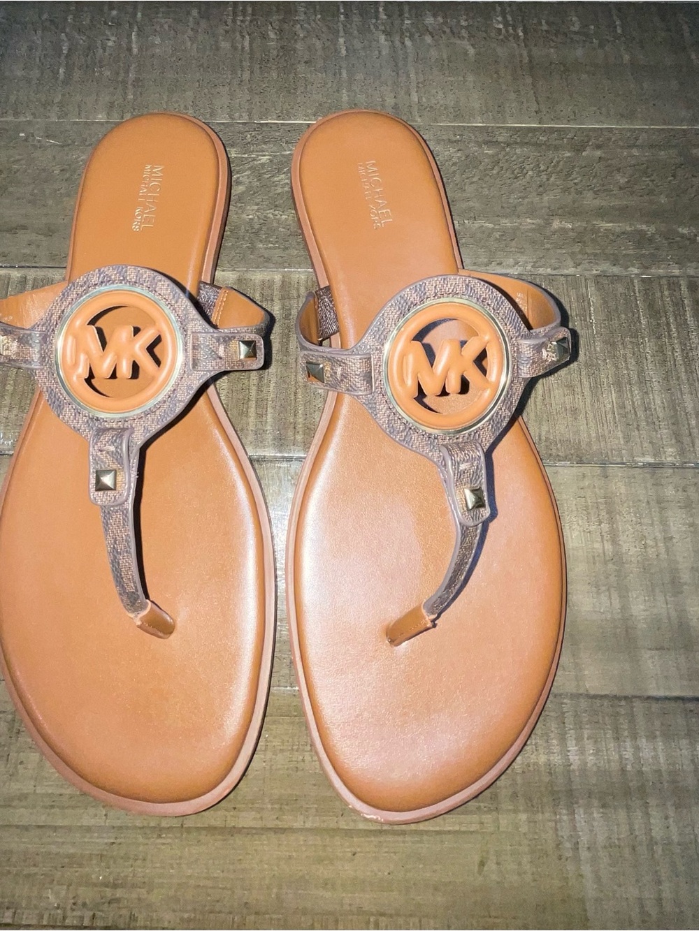Michael Kors Tan & Brown Logo Thong Sandals
